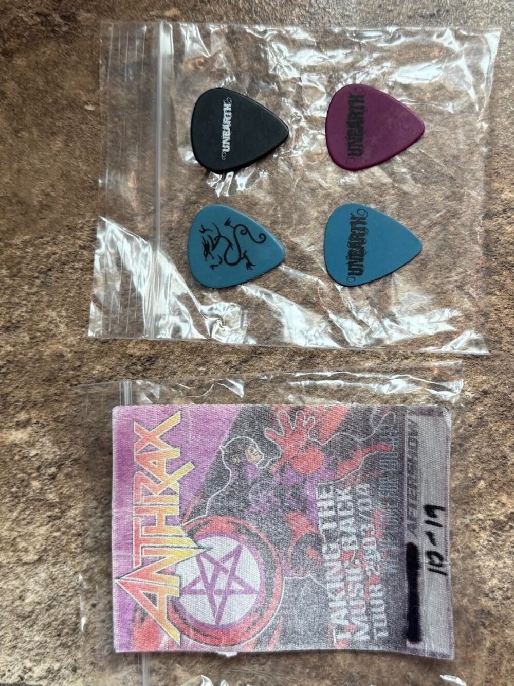 Real 3 Unearth 1 Sick Of It All Guitar pick picks & 1 Anthrax after show pass